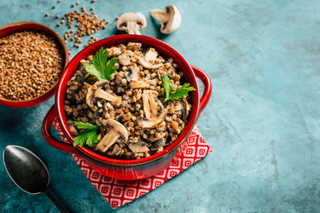 Buckwheat porridge with mushrooms. Vegan food. High quality photoの写真素材