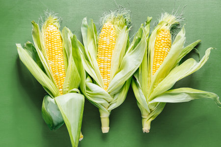 Fresh corn on the cob with green leaves. High quality photoの写真素材