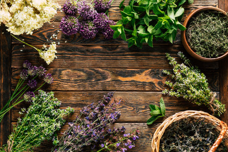 Herbal frame. Harvesting of medicinal herbs. Alternative medicine. Homeopathy. High quality photoの写真素材