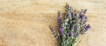 fresh lavender bouquet on wooden background, copy spaceの写真素材