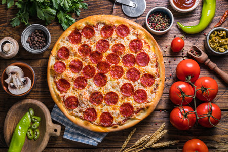 Homemade pepperoni pizza on a wooden table, top view, close-upの写真素材