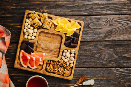 Menazhnitsa on a wooden background. Delicious tea, nuts and chocolate on a wooden square plateの写真素材