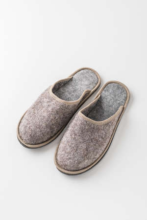 Mens felt slippers. Home shoes made of felted woolの写真素材
