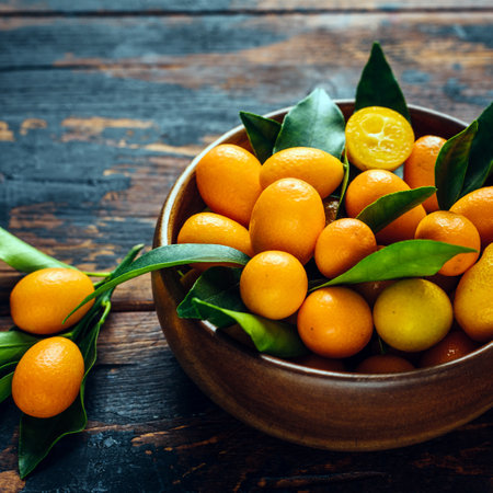 Cumquat or kumquat fruits with leaves in bowl on rustic wooden background.の写真素材