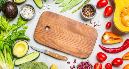Healthy food background with vegetables and cutting board. top view.の写真素材