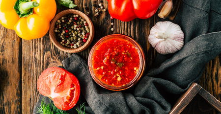 Tomato sauce in a jar and ingredients on a wooden background.の写真素材