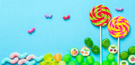 Colorful candies on blue background. top view with copy spaceの写真素材