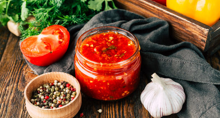 Homemade tomato sauce in a glass jar on a wooden background.の写真素材