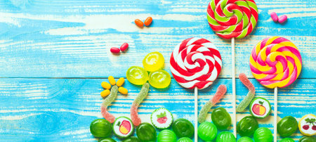 Colorful candies and lollipops on blue wooden backgroundの写真素材