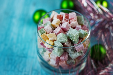 Christmas turkish delight decorated with balls and tinselの写真素材