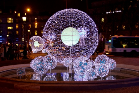 Christmas decoration in Paris, balls from electric bulbs, January 2012のeditorial素材
