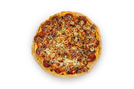 Pizza with salami and cherry tomatoes, isolated on white の写真素材