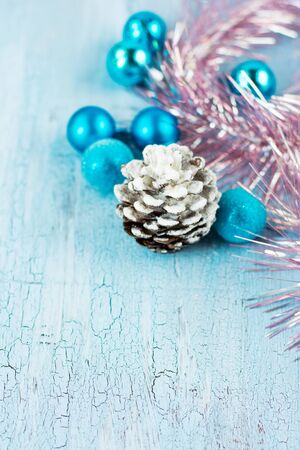 Christmas decoration with snowy cone and blue ballsの写真素材