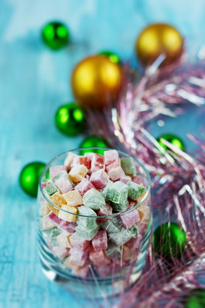 Christmas turkish delight decorated with balls and tinselの写真素材