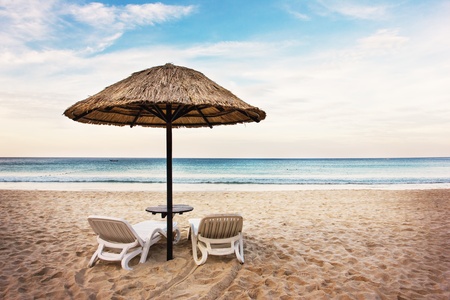 Seascape with two chaise longues, without peopleの写真素材
