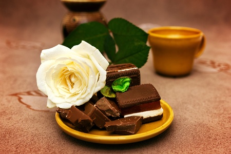 Chocolate with white rose, romantic breakfastの写真素材