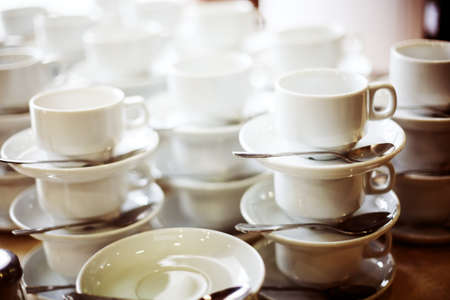 Coffee cups in a bar. Selective focus, shallow depth of fieldの写真素材