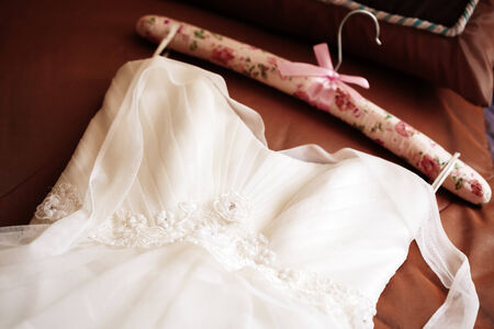 Wedding dress waiting bride. Exquisite lace details.の写真素材