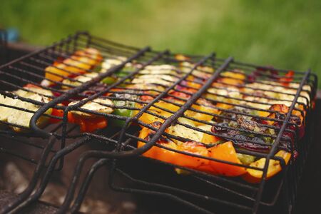 Grilled vegetables. Summer barbecue. Picnic. Image toned, selective focus.の写真素材