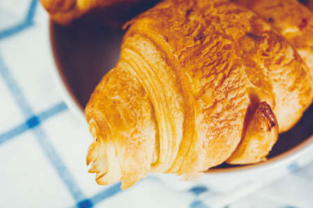Freshly Baked Homemade French Croissant Close Up. Selective Focus. Top View.の写真素材