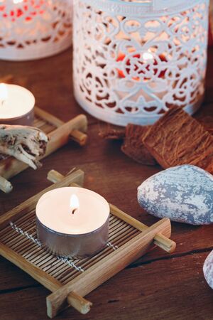 Candle Light. Arrangement for Relaxation and Meditation. Close up View.の写真素材