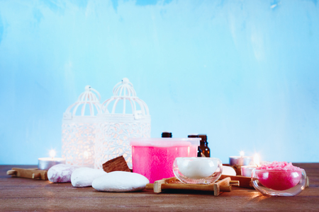 Spa Treatment and Aromatherapy Set for Relaxation and Wellness. Selective Focus. Space for Text.の写真素材