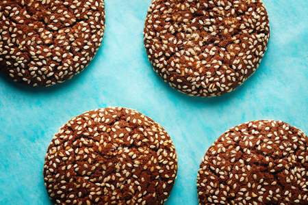 Fresh Natural Homemade Crispy Cookies with Sesame. Flat View, Copy Space.