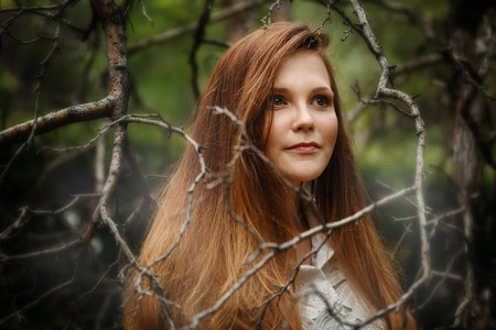 Mysterious Woman in Dark Forest, Looking Away. Brunette with White Skin. Dramatic Portrait Concept. Soft Focus Effect.の写真素材