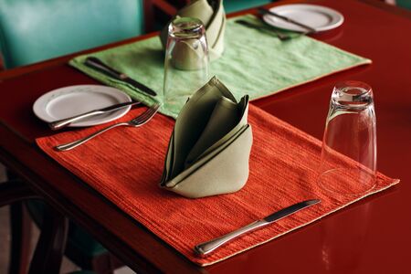 Dining Table Setting with Textile Napkinの写真素材