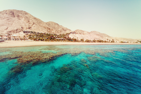 Red Sea with Coral Reefs. Israel. Palm Trees and Mountain View from the Sea. Vintage Retro Toned Image. Selective focus.の写真素材