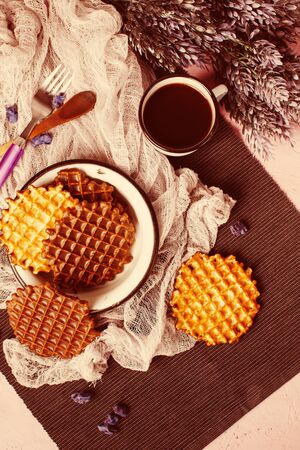 Waffles with Chocolate Icing with Coffee. Dark Style, Top view. Image Toned with Retro Colors.の写真素材