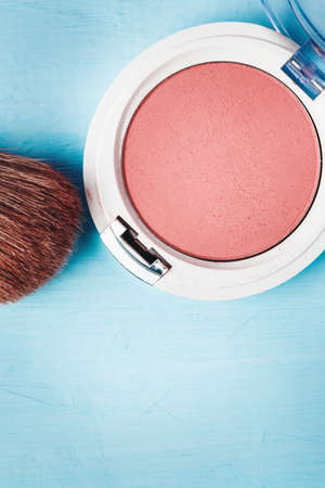 Close-up of Blush with Brush, Cosmetics Accessories, Top viewの写真素材