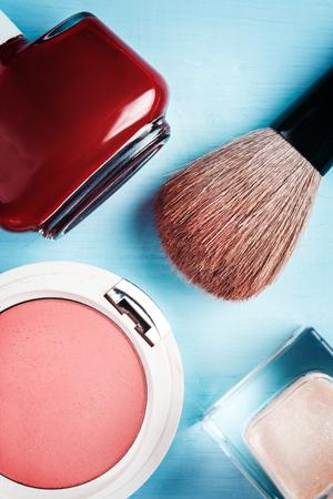 Close-up of Blush with Brush and Nail Polish, Cosmetics Accessories, Top viewの写真素材