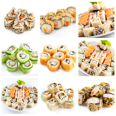 Japanese food. Different sushi and rolls assortment. Collage.の写真素材
