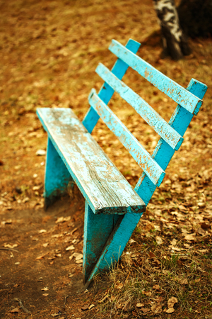 Autumn sadness concept. Empty blue bench among fall yellow leaves.の写真素材