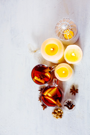 Christmas festive drink, mulled wine with spices. Selective focus.の写真素材