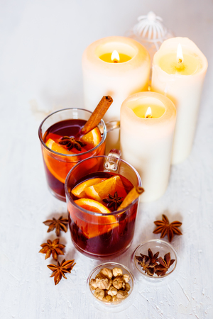 Christmas festive drink, mulled wine with spices. Selective focus.の写真素材
