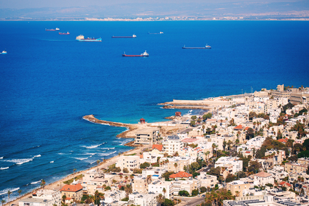 View on Haifa coastline, Israel from Mount Carmel. Travel background.の写真素材