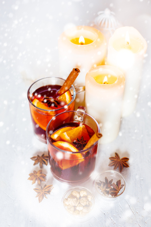 Christmas festive drink, mulled wine with spices. Selective focus.の写真素材