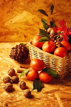 Christmas composition with festive decorations and tangerines. Merry Christmas background.の写真素材