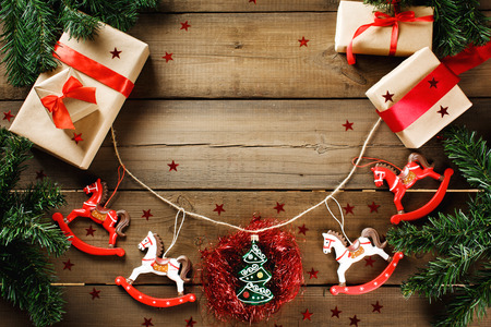 Christmas decorations in traditional red and green colors. Christmas vintage toys. Xmas frame.の写真素材