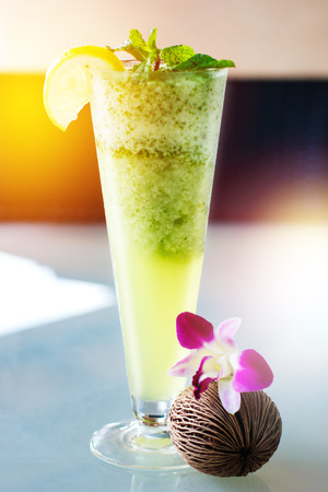 Mojito drink in high glass in sun light, refreshment exotic drinksの写真素材