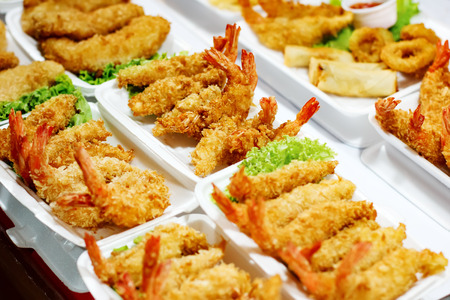 Tasty delicious shrimps in batter. Street asian food market.の写真素材