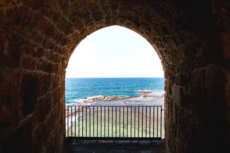 View on the sea from Acre fortification old townの写真素材