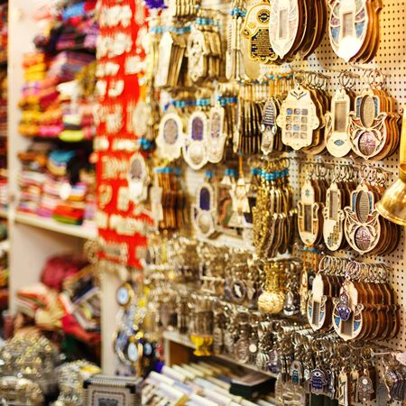 Souvenirs at Jerusalem bazaar, hamsa or khamsa symbol of Judaismの写真素材