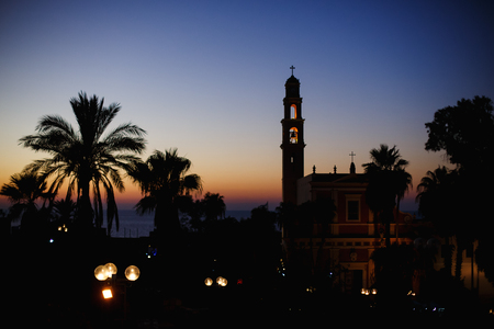 Night view of the St. Peter Church in the old city. Jaffa, Tel-Aviv-Yafo, Israel.の写真素材