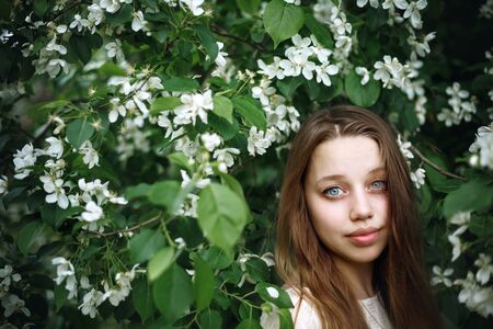 Portrait of young woman in blossoming spring tree, natural beauty の写真素材
