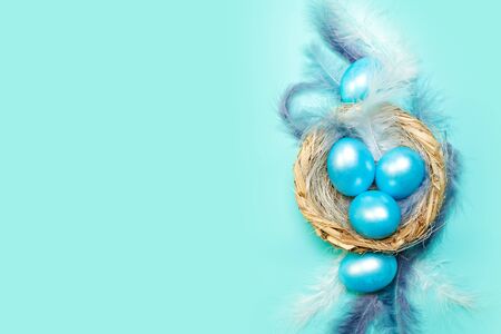 Blue easter background with colored eggs in the nest with feathers, top view with spaceの写真素材