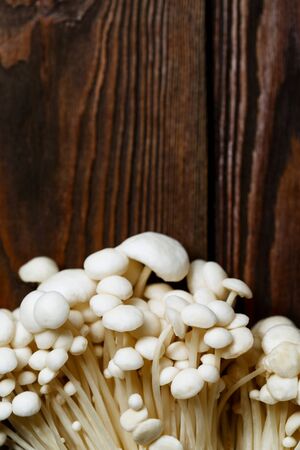 Enoki, Enokitake, Flammulina velutipes, edible mushroom popular in Japanese cuisine. Heap of little white mushrooms served on wooden brown background close-up.の写真素材