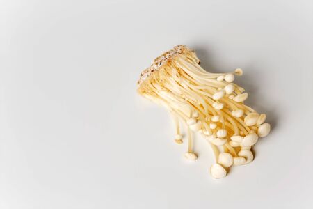 Enoki, Enokitake, Flammulina velutipes, edible mushroom popular in Japanese cuisine. Heap of little white enoki mushrooms on neutral white background, close-up.の写真素材